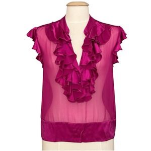 Amanda Uprichard Women Top S Magenta Sheer Chiffon Ruffle Office Siren Fairy Y2K
